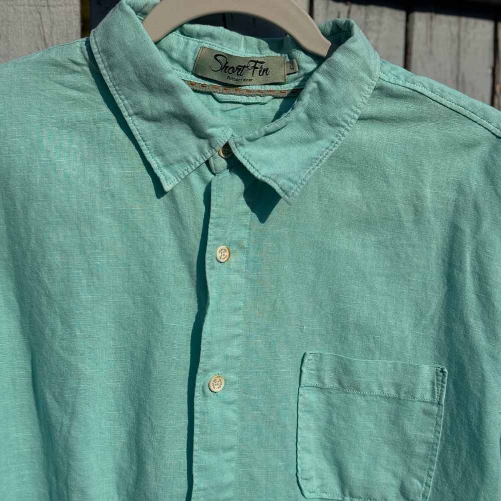Short Fin Men's Shirt Large Resort Wear Linen & Cotton Button Up Teal